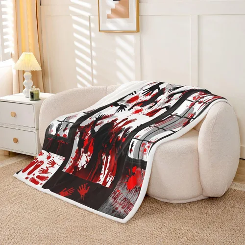 Miniatura 2 de Feelyou Manta Sherpa de Halloween de 40 x 50 pulgadas, manta gigante de forro polar con estampado de manos sangrientas para niños, manta de felpa