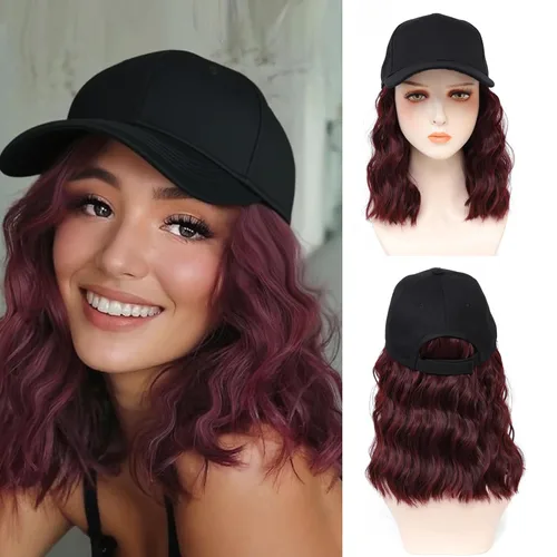 Gorro de peluca sintética con extensiones de cabello ondulado natural adjuntas para mujer, peluca de gorra de béisbol, color borgoña, corto, rizado,