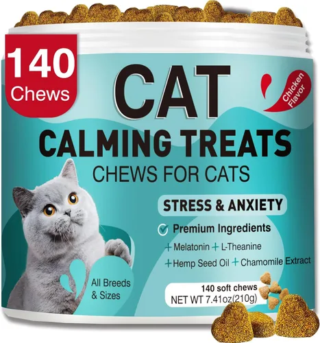 Golosinas calmantes para gatos, 140 masticables suaves para aliviar la ansiedad, el estrés y prevenir las mordeduras, perfectas para viajes y
