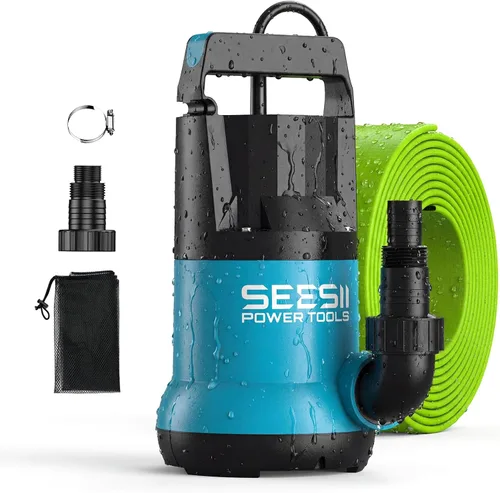 SEESII Bomba de agua sumergible 1HP, bomba de sumidero de alto flujo de 4755 GPH con kit de manguera de 23 pies, red de filtro antiobstrucción para