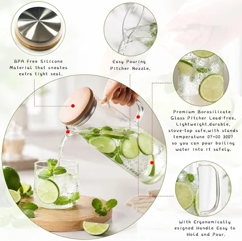 Miniatura 3 de hjn Jarra de vidrio con tapa, jarra de agua de vidrio con asa, jarra de agua para refrigerador, bebidas frías o calientes, té helado, leche, jugo
