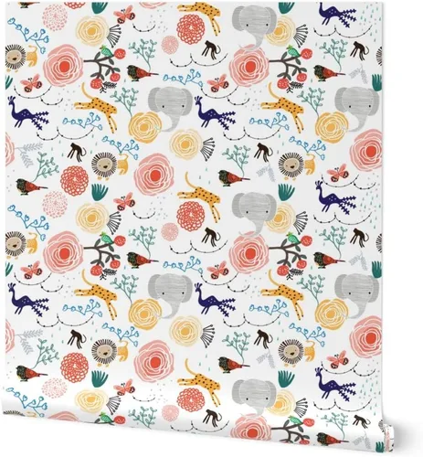 Papel tapiz autoadhesivo de 12 x 2 pies – Flores de selva, elefante, guepardo, pájaro, mono, león, caprichoso, animales florales, habitación,