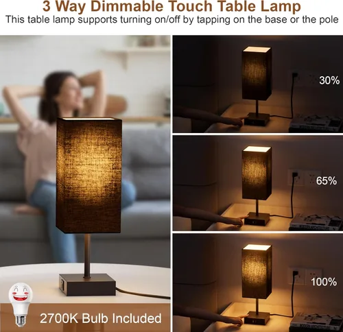 Miniatura 2 de Juego de 2 lámparas de mesa de dormitorio Sailstar, lámpara táctil con puertos de carga USB C+A, lámparas regulables de 3 vías para mesitas de Negro