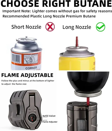 Miniatura 8 de Castelar Encendedor de cigarrillos de triple llama resistente al viento, recargable de butano con soporte de apoyo, butano no incluido Bronce/Negro