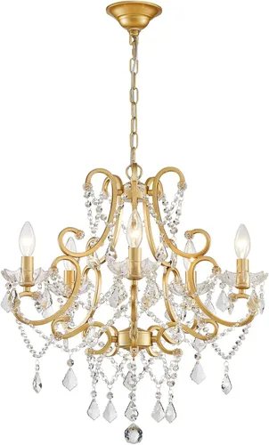 Miniatura 24 de ANJIADENGSHI Mini Candelabro de Cristal K9 Cristal Dorado para Sala de Estar, Dormitorio, Comedor, Isla de Cocina, Entrada, 5 Bombillas E12, Alto