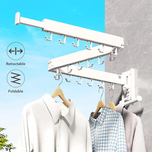 Miniatura 3 de ZdwCyl Tendedero de Ropa, Tendedero de Lavandería Montaje en Pared, Perchero de Ropa Montado en la Pared, Retráctil, Plegable (Tri-Fold), Tendedero