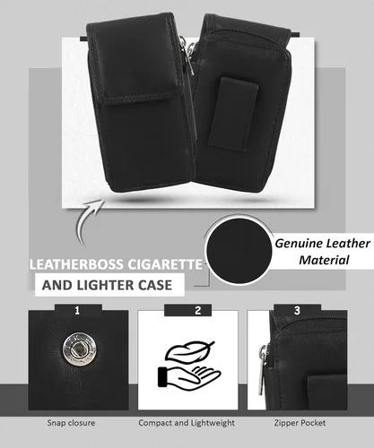 Miniatura 5 de Leatherboss - Estuche de cuero para cigarrillos con soporte para encendedor y bolsillo con cremallera (negro)