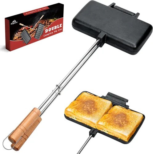 Hierros de doble pastel para acampar de hierro fundido, portátil para hacer pasteles de fogata de montaña, máquina de pudgy de hierro fundido,