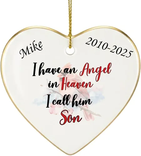 Miniatura 12 de Adorno de Navidad conmemorativo personalizado 2025 – Recuerdo de cerámica en forma de corazón – Tengo un ángel en el cielo I Call Her Primo – Regalo