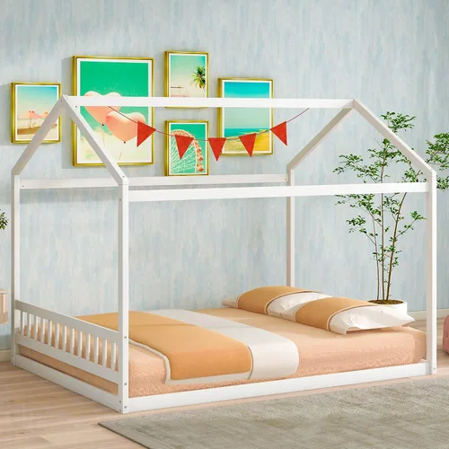 Miniatura 3 de MERITLINE Cama de casa tamaño Queen para niños, cama Montessori de madera con cabecero, techo y listones de soporte, marco de cama Queen para niños