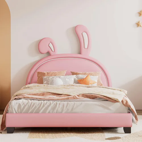 Miniatura 12 de Bonita cama tapizada de cuero con adorno de conejo, cama de plataforma de tamaño individual con cabecero y listones de madera, adecuada para niños