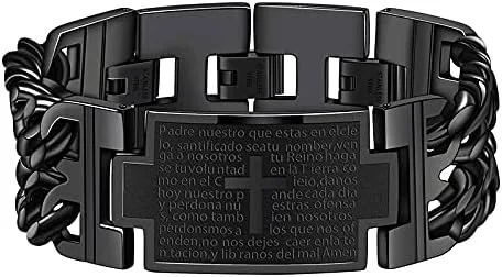 Pulsera vintage de acero inoxidable con cruz inglesa de señores de oración para hombres, oronegroplata