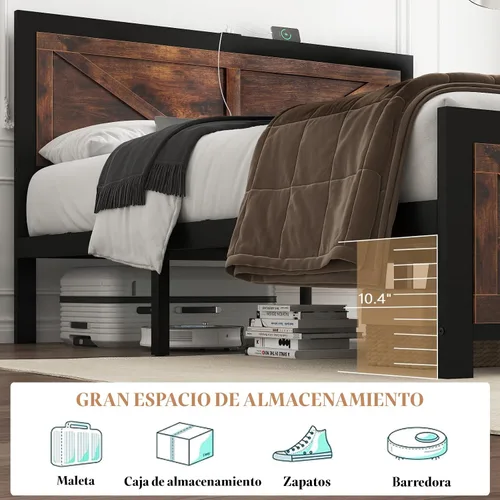 Miniatura 4 de DOGIBIXO Marco de cama tamaño completo con luces LED y carga USB, marco de cama de plataforma industrial con cabecera de puerta de granero
