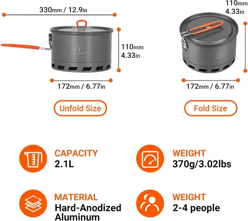 Miniatura 2 de Bulin Olla de camping, 2.1 L de alta eficiencia para mochileros, juego de utensilios de cocina ultraligeros con mango a prueba de calor e