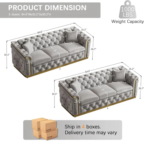 Miniatura 2 de Juego de 2 sofás Chesterfield de lujo, sofá victoriano copetudo negro y dorado, moderno de mediados de siglo, juego de sofás de 3 plazas para sala