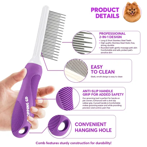 Miniatura 2 de Peine desenredante para mascotas para perros y gatos con dientes metálicos largos y cortos de acero inoxidable para eliminar enredos y nudos.