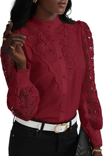 Miniatura 33 de Rooscier Blusa Elegante de Encaje de Crochet con Cuello Alto Simulado de Manga Larga con Botones para Mujer Top