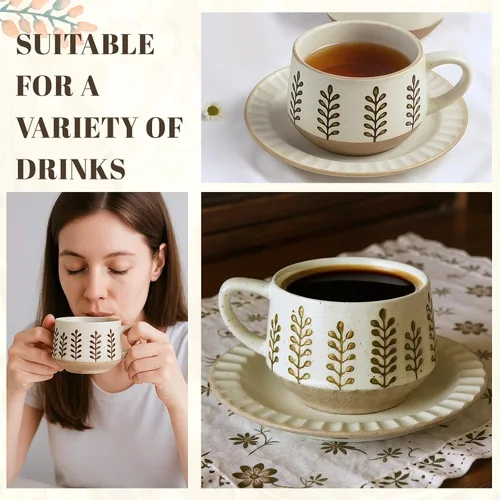 Miniatura 6 de LemonRoad Juego de tazas de té y platillo vintage, tazas de café de porcelana de 10 onzas con platillo para café con leche, moca, capuchino, tazas
