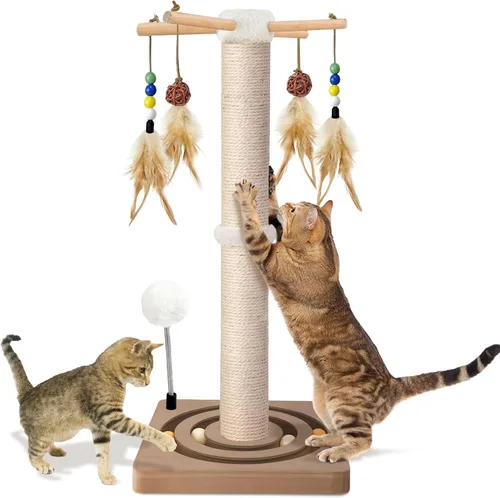 PAROTO Rascador para gatos, rascador de torre de sisal para gatos de interior y adultos con juguetes interactivos, pista de doble bola, 2 métodos de