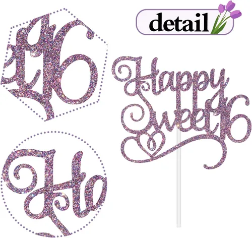 Miniatura 6 de Happy Sweet 16 - Decoración para tartas de cumpleaños de 16 años, decoraciones de feliz cumpleaños de 16 años para niñas y niños, purpurina morada