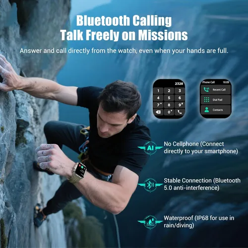 Miniatura 5 de Relojes inteligentes militares para hombres, reloj inteligente para Android iPhone con gran pantalla HD de 2.01 pulgadas, linterna, batería de 100