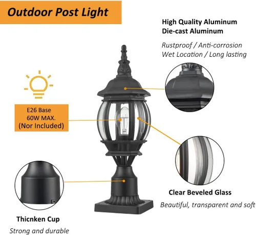 Miniatura 4 de HOLKIRT Luz de poste al aire libre, lámpara vintage, farol exterior impermeable con base de montaje en muelle para montaje en poste de jardín