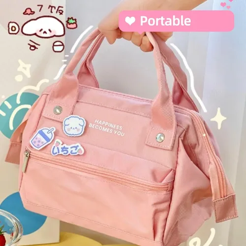Miniatura 2 de Lonchera Kawaii con pines kawaii, bonita bolsa de almuerzo estética para mujeres y niñas, bolsa grande con insulto, suministros escolares kawaii Azul