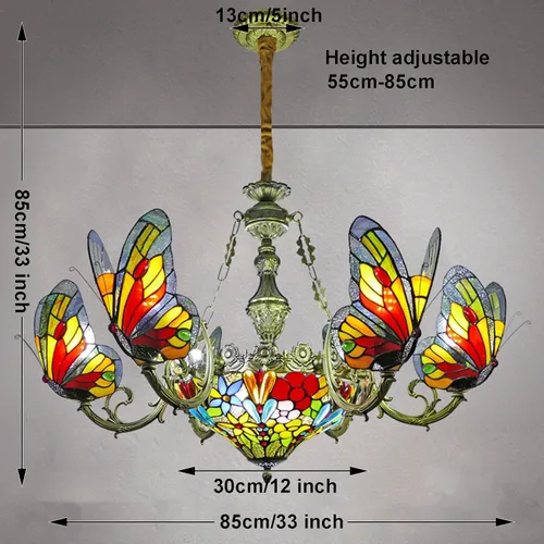Miniatura 6 de Tiffany Style Candelabros con 7 luces de vidrieras de mariposa colgante con 6 pantallas de lámpara de mariposa, lámparas colgantes de techo rústicas