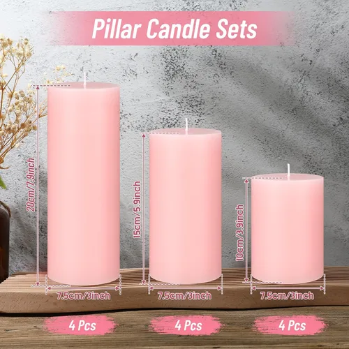 Miniatura 2 de Sumind Juego de 12 velas de pilar a granel de 3 x 4 pulgadas, 6 pulgadas, 8 pulgadas, sin goteo, sin perfume, velas largas y limpias para bodas, Rosa