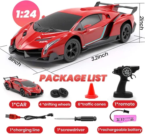 Miniatura 4 de QUN XING Auto a Control Remoto 1:24 con Licencia Oficial Lambo Veneno RC Carro de Drift con Luces LED 2.4GHz 4WD 15KM/H Control de Velocidad Rápida