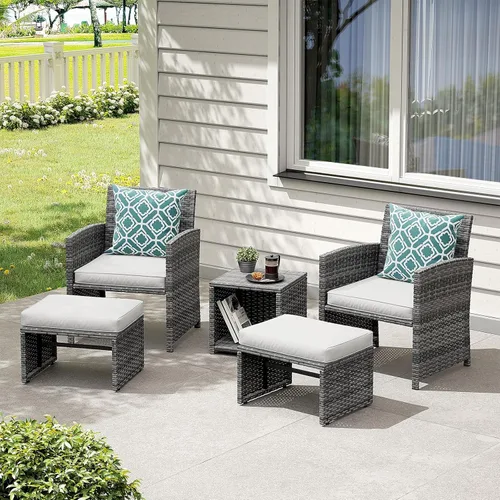 Miniatura 8 de OC Orange-Casual Juego de muebles de patio de 5 piezas, silla de mimbre para conversación al aire libre y juego otomano con mesa auxiliar, almohadas