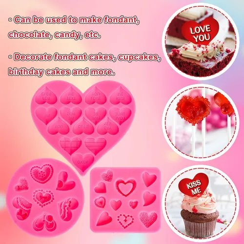 Miniatura 4 de Whaline 3 moldes de silicona 3D para el día de San Valentín, diseño de corazón de conversación, molde de silicona 3D Love You XOXO Letra Cupcake