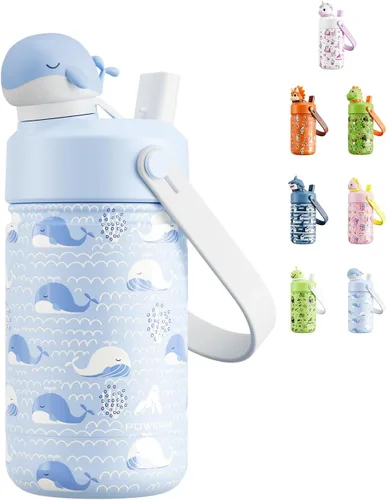 Miniatura 16 de POWCAN 12 oz Insulated Water Bottle for School: 2-in-1 Straw Spout Lid with Soft Animal Head, BPA-Free, Leakproof, Keep Cold 24H, Easy Carry