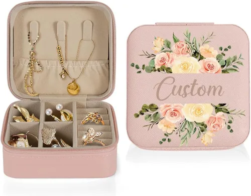 Joyero personalizado con nombre y floral, estuche de viaje personalizado, organizador de dama de honor, regalos de cumpleaños para mujeres (diseño