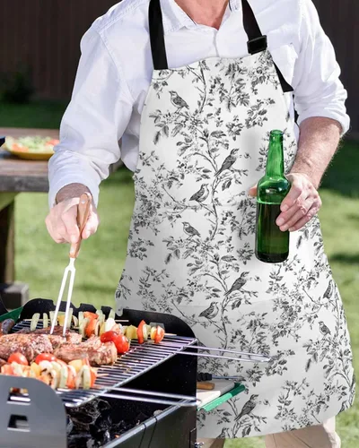 Miniatura 5 de Delantales de pájaros de flores para mujeres y hombres con bolsillos, diseño retro de ramas de árbol blanco y negro, floral, ajustable, impermeable