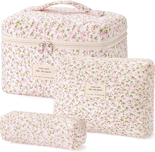 Miniatura 25 de HBselect Bolsa de maquillaje acolchada, 3 piezas de algodón grande, bolsa de maquillaje de viaje, bonita bolsa de maquillaje floral de coqueta