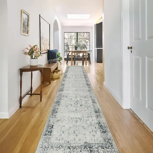 Morebes Alfombras vintage para pasillos de 12 pies, alfombra larga lavable de camino de cocina antideslizante, color gris suave envejecido, para