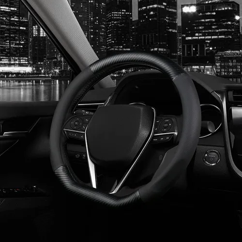 Miniatura 2 de Funda para volante en forma de D, protector de cuero de alta calidad para volante de automóvil, diseño deportivo de fibra de carbono, antideslizante