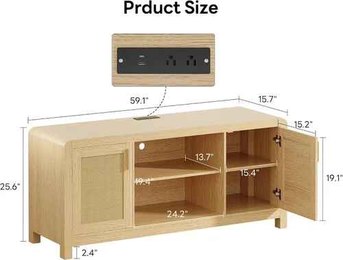 Miniatura 3 de LIKIMIO Soporte de TV con toma de corriente para televisores de hasta 65 pulgadas, centro de entretenimiento con puertas de ratán de almacenamiento