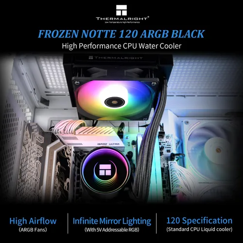 Miniatura 3 de Thermalright Frozen Notte 120 ARGB - Enfriador de CPU líquido negro con ventilador ARGB de 120 mm y PWM - Hasta 2000 RPM, para AMD/AM4/AM5, Intel