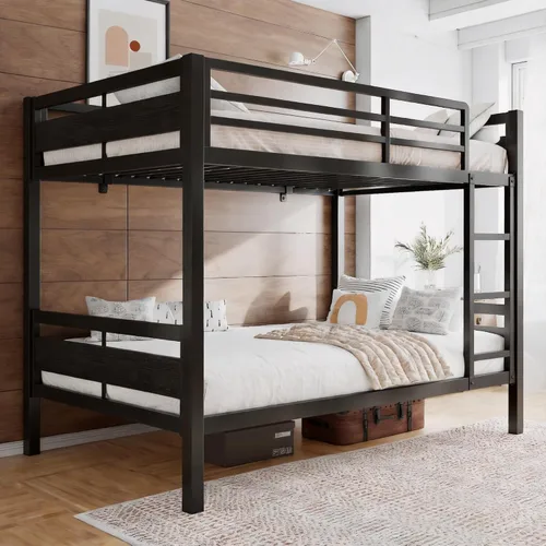 Einhomn Litera matrimonial sobre matrimonial, cama de metal resistente con escalera y barandilla de longitud completa, espacio de almacenamiento