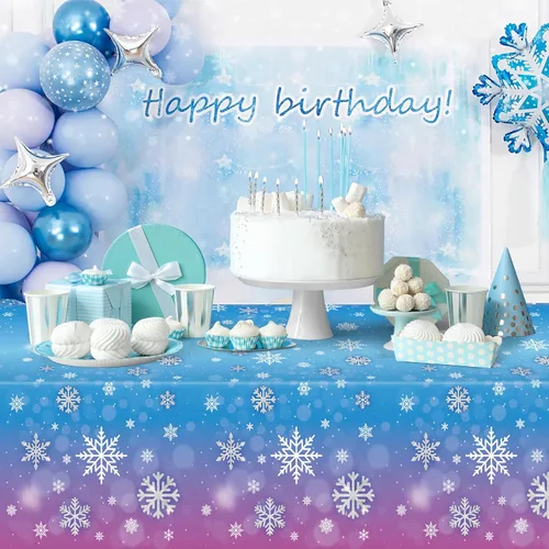 Miniatura 6 de 3 manteles de invierno con copos de nieve – Mantel de plástico de Frozen Wonderland desechable, rectangular, copos de nieve para suministros