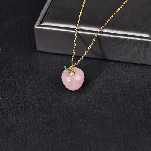 Miniatura 3 de ZPMMPZ Collar de manzana, collar de cuarzo rosa, collar de cuarzo rosa manzana, collar con colgante de manzana de cristal rosa para mujeres y niñas