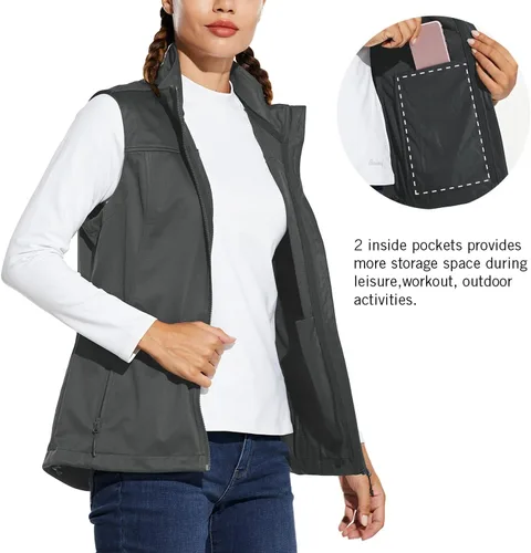 Miniatura 6 de BALEAF Chaleco ligero Softshell sin mangas para mujer, resistente al viento, cuello alto con bolsillos con cremallera, correr, senderismo, golf