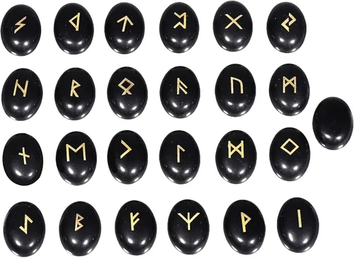 Rockcloud Juego de 25 piedras rúnicas pulidas grabadas con letras del alfabeto Futhark de saúco, adivinación de meditación de cristal, obsidiana