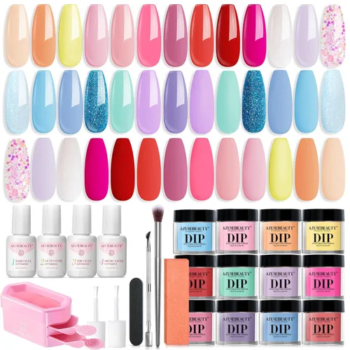 Miniatura 18 de AzureBeauty Kit de iniciación de polvo de inmersión para uñas, color azul, rojo, verde, purpurina, 31 piezas, 20 colores, polvo de inmersión