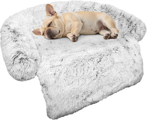 Cama calmante para perro, tapete de felpa esponjoso para perros con protector de muebles con funda extraíble lavable para perros y gatos grandes,