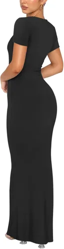 Miniatura 3 de REORIA - Vestido largo básico de verano para mujer, elegante, de manga corta, cuello redondo, ajustado, maxi vestidos