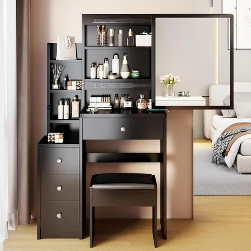 BNSPLY 29.2" W Small Vanity Desk with Sliding Mirror, Black Makeup Vanity Set with 4 Drawers and 5 Shelves, Dressing Table with Cushion Stool for