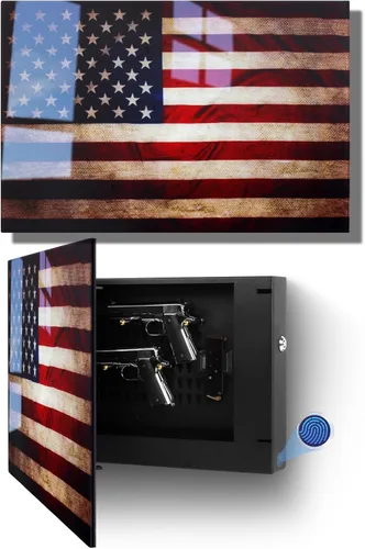 Caja fuerte biométrica oculta para 2 pistolas, almacenamiento oculto de armas de acceso rápido con soporte móvil y cargador, caja fuerte para armas